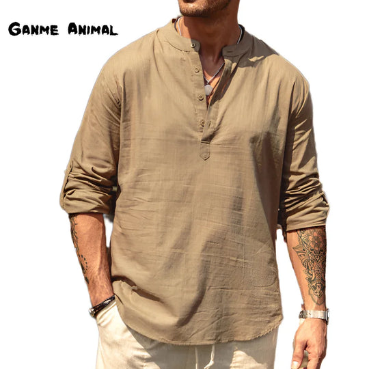 Men's Casual Linen Henley Shirt